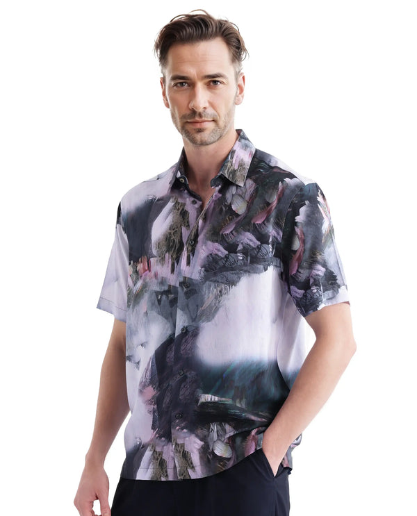 Rare Rabbit Men Painter Purple Cotton Fabric Full Sleeve Collared Neck Button Closure Slim Fit Printed Shirt