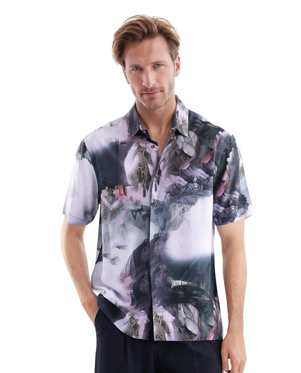 Rare Rabbit Men Painter Purple Cotton Fabric Full Sleeve Collared Neck Button Closure Slim Fit Printed Shirt