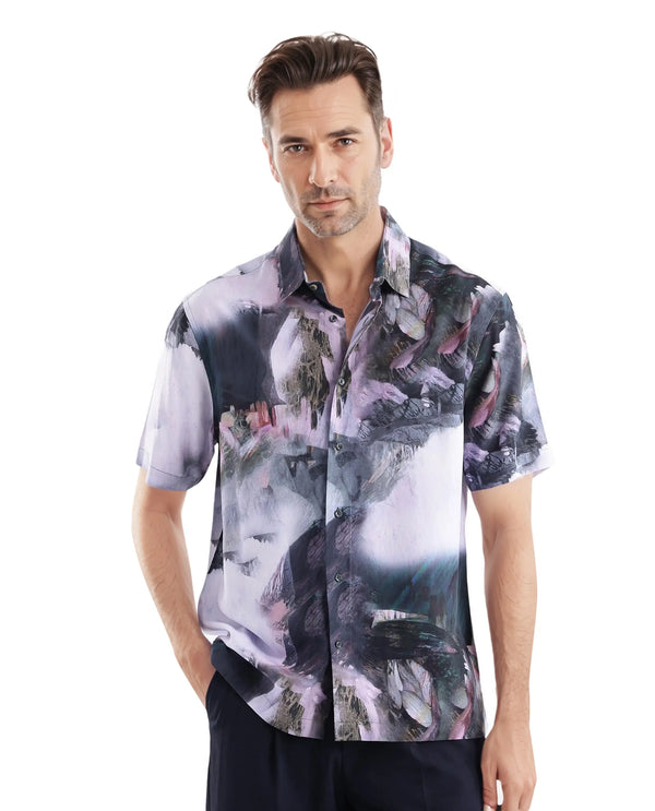 Rare Rabbit Men Painter Purple Cotton Fabric Full Sleeve Collared Neck Button Closure Slim Fit Printed Shirt