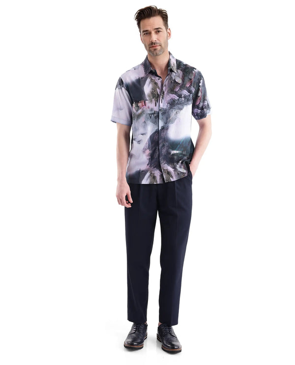 Rare Rabbit Men Painter Purple Cotton Fabric Full Sleeve Collared Neck Button Closure Slim Fit Printed Shirt