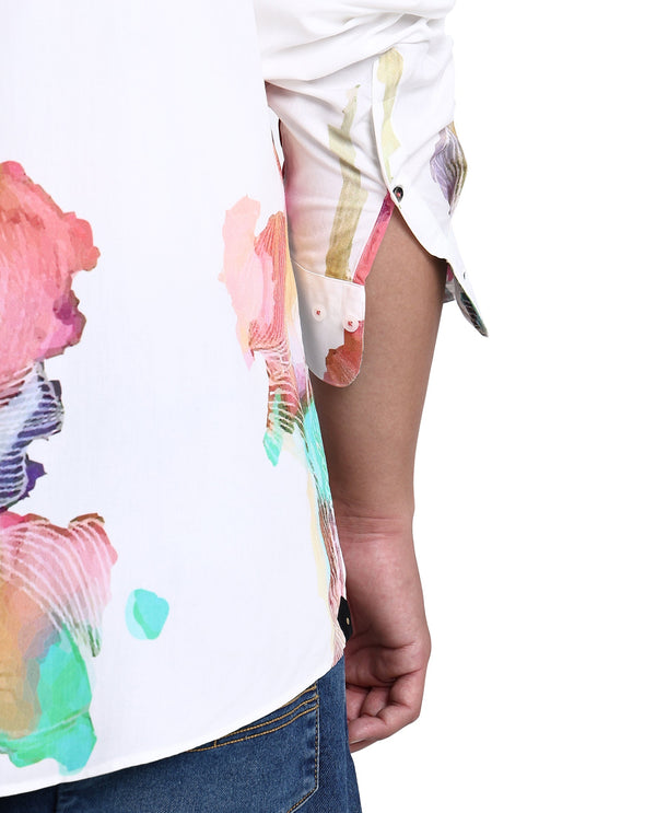 Rare Rabbit Men's Painter White Viscose Fabric Full Sleeves Abstract Print Shirt Plus Size