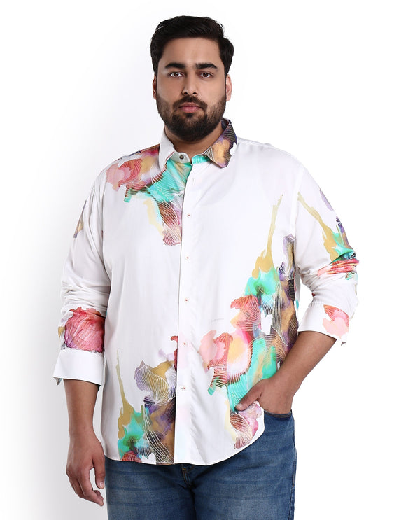 Rare Rabbit Men's Painter White Viscose Fabric Full Sleeves Abstract Print Shirt Plus Size