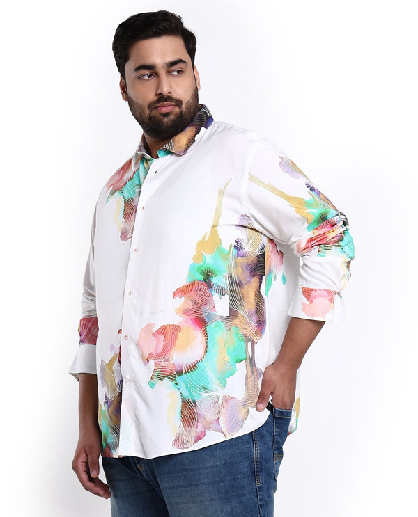Rare Rabbit Men's Painter White Viscose Fabric Full Sleeves Abstract Print Shirt Plus Size