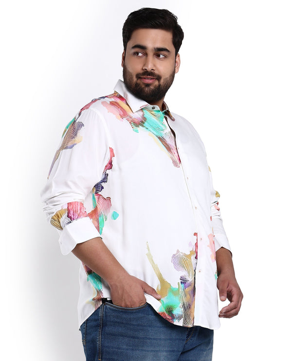 Rare Rabbit Men's Painter White Viscose Fabric Full Sleeves Abstract Print Shirt Plus Size
