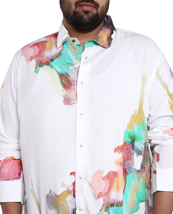 Rare Rabbit Men's Painter White Viscose Fabric Full Sleeves Abstract Print Shirt Plus Size