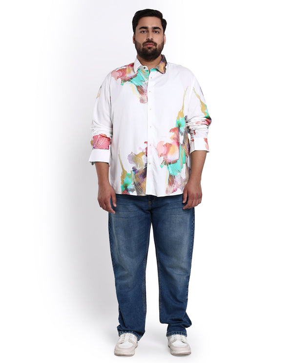 Rare Rabbit Men's Painter White Viscose Fabric Full Sleeves Abstract Print Shirt Plus Size