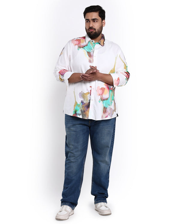 Rare Rabbit Men's Painter White Viscose Fabric Full Sleeves Abstract Print Shirt Plus Size