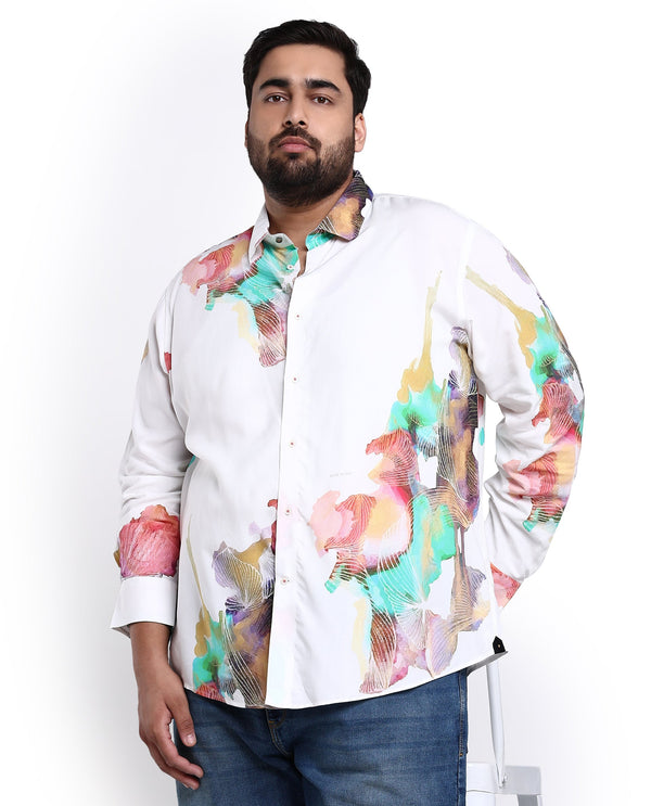 Rare Rabbit Men's Painter White Viscose Fabric Full Sleeves Abstract Print Shirt Plus Size