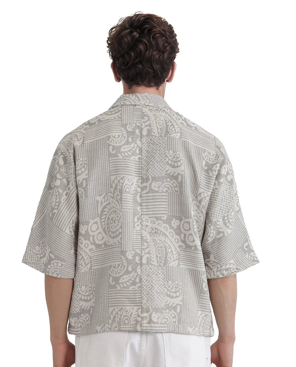 Rare Rabbit Men's Paisit Grey Cotton Fabric Short Sleeve Cuban Collared Button Closure Jacquard Shirt