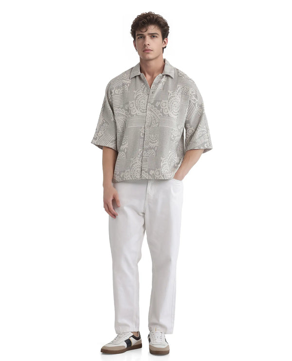 Rare Rabbit Men's Paisit Grey Cotton Fabric Short Sleeve Cuban Collared Button Closure Jacquard Shirt