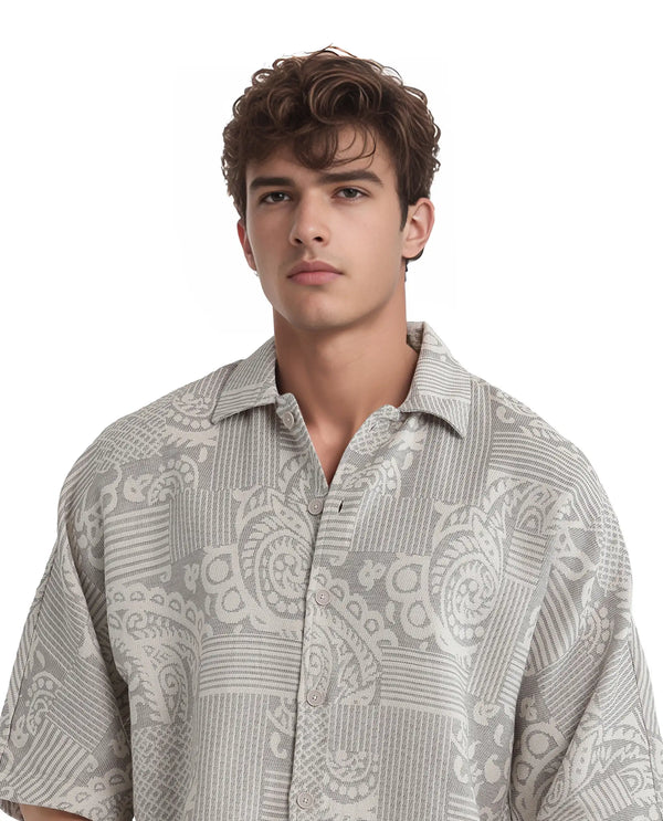 Rare Rabbit Men's Paisit Grey Cotton Fabric Short Sleeve Cuban Collared Button Closure Jacquard Shirt
