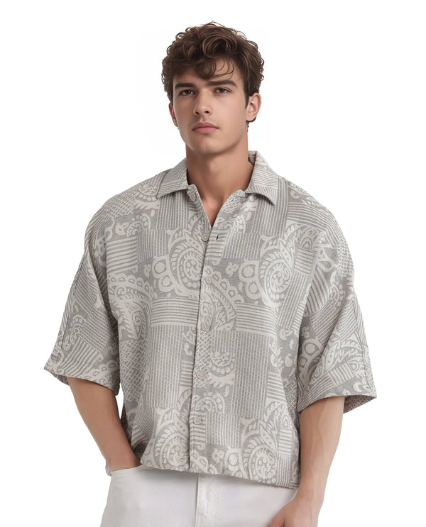 Rare Rabbit Men's Paisit Grey Cotton Fabric Short Sleeve Cuban Collared Button Closure Jacquard Shirt