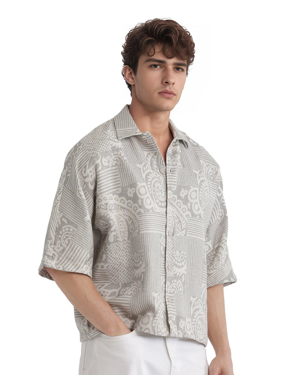 Rare Rabbit Men's Paisit Grey Cotton Fabric Short Sleeve Cuban Collared Button Closure Jacquard Shirt