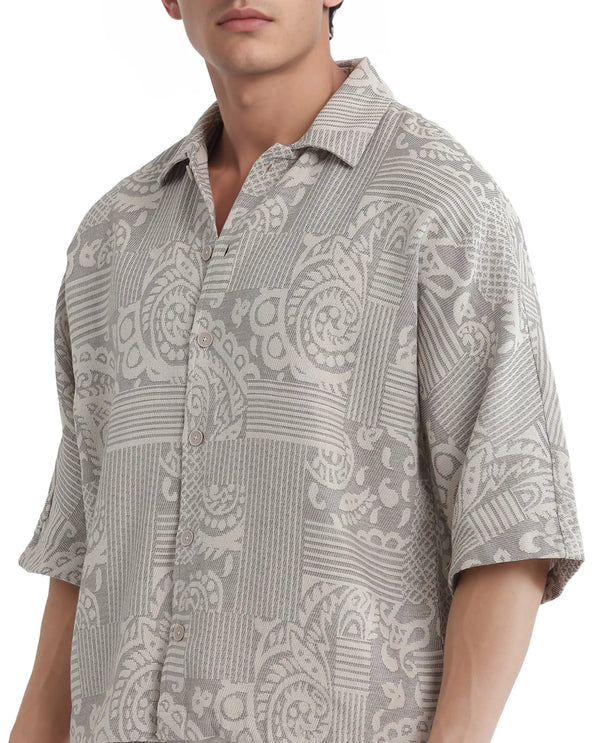 Rare Rabbit Men's Paisit Grey Cotton Fabric Short Sleeve Cuban Collared Button Closure Jacquard Shirt