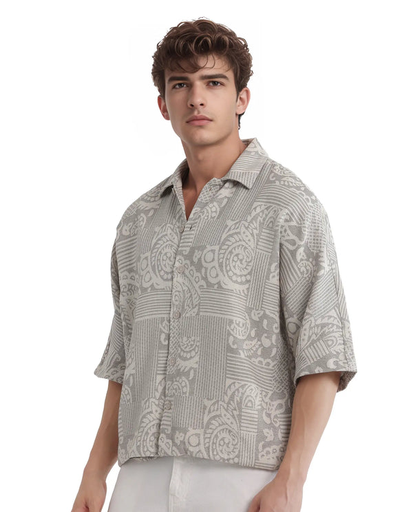 Rare Rabbit Men's Paisit Grey Cotton Fabric Short Sleeve Cuban Collared Button Closure Jacquard Shirt