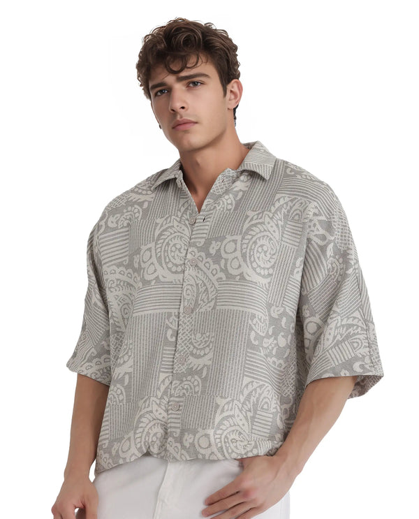 Rare Rabbit Men's Paisit Grey Cotton Fabric Short Sleeve Cuban Collared Button Closure Jacquard Shirt