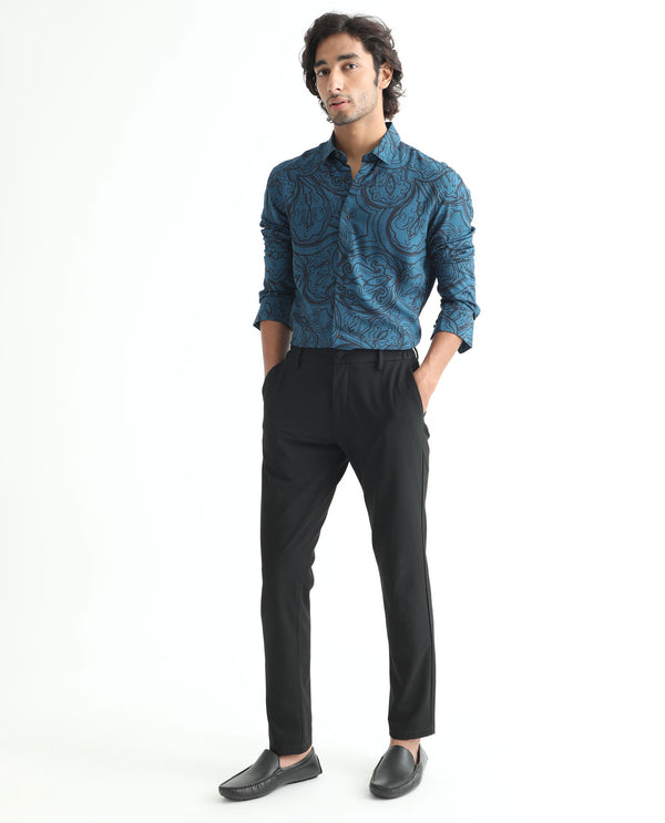 Rare Rabbit Men's Paisum Dark Blue Viscose Fabric Paisley Print Full Sleeves Shirt