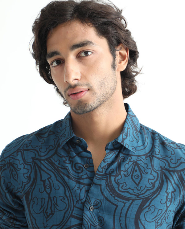 Rare Rabbit Men's Paisum Dark Blue Viscose Fabric Paisley Print Full Sleeves Shirt