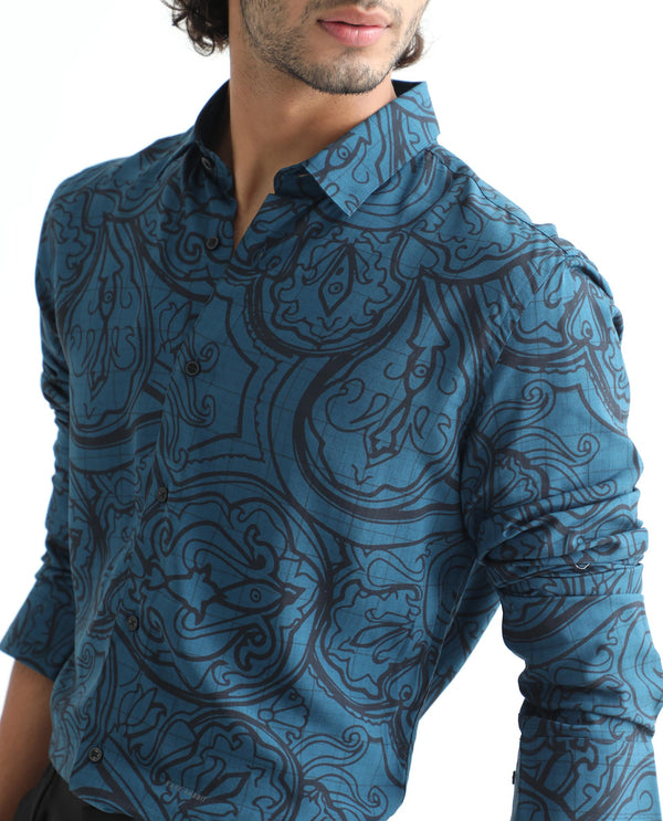 Rare Rabbit Men's Paisum Dark Blue Viscose Fabric Paisley Print Full Sleeves Shirt