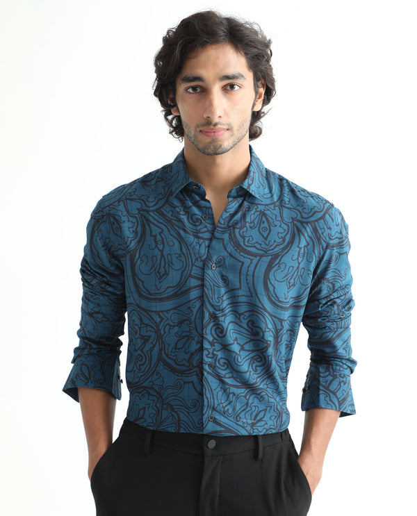Rare Rabbit Men's Paisum Dark Blue Viscose Fabric Paisley Print Full Sleeves Shirt