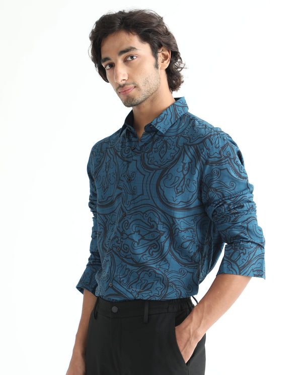 Rare Rabbit Men's Paisum Dark Blue Viscose Fabric Paisley Print Full Sleeves Shirt