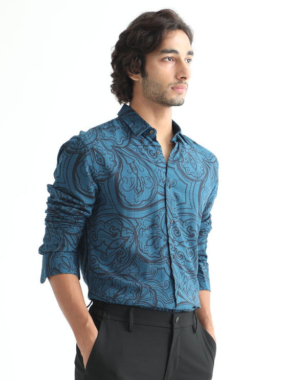 Rare Rabbit Men's Paisum Dark Blue Viscose Fabric Paisley Print Full Sleeves Shirt