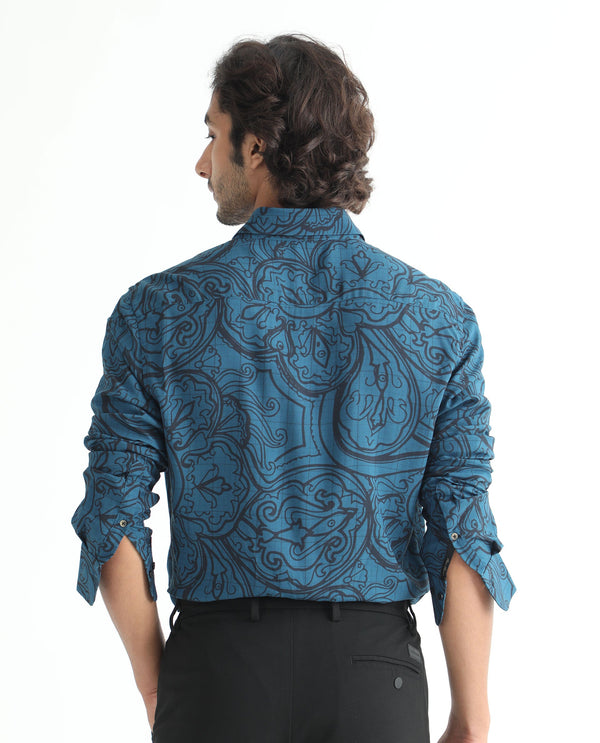 Rare Rabbit Men's Paisum Dark Blue Viscose Fabric Paisley Print Full Sleeves Shirt
