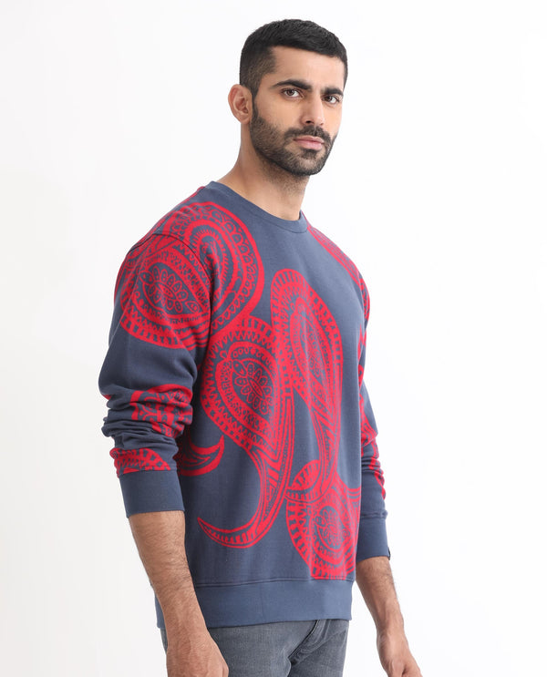 Rare Rabbit Men's Paiza Dusky Blue Cotton Polyester Fabric Full Sleeves Paisley Print Knitted Sweatshirt