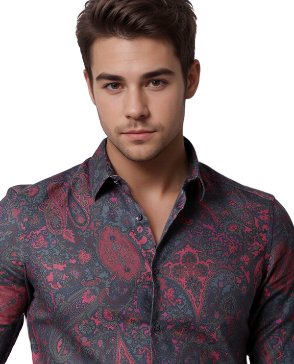 Rare Rabbit Men's Paizerr Pink Cotton Fabric Full Sleeves Paisley Print Shirt