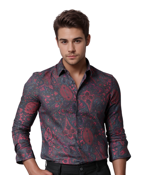 Rare Rabbit Men's Paizerr Pink Cotton Fabric Full Sleeves Paisley Print Shirt