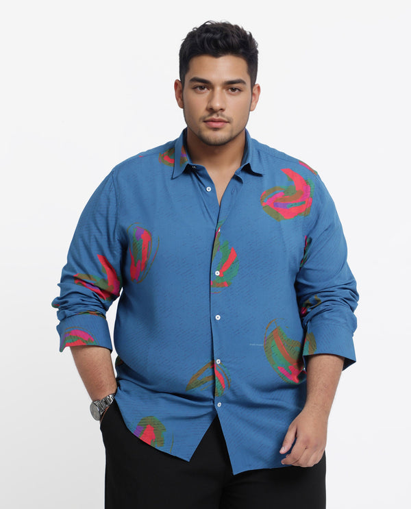 Rare Rabbit Men's Palme Blue Viscose Fabric Abstract Print Full Sleeves Shirt Plus Size