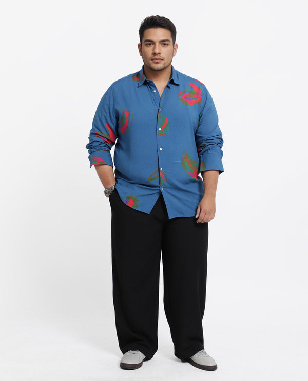Rare Rabbit Men's Palme Blue Viscose Fabric Abstract Print Full Sleeves Shirt Plus Size