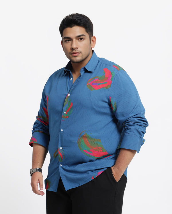 Rare Rabbit Men's Palme Blue Viscose Fabric Abstract Print Full Sleeves Shirt Plus Size