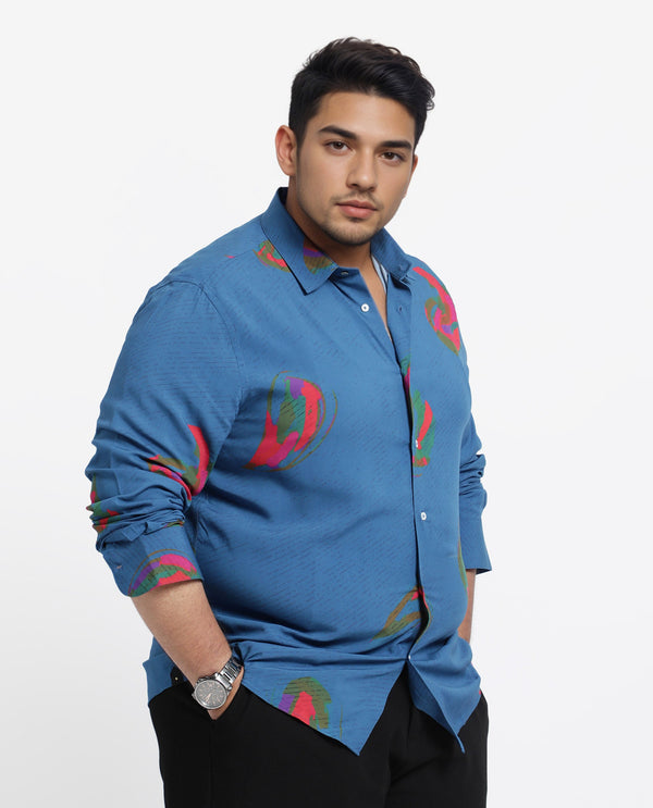 Rare Rabbit Men's Palme Blue Viscose Fabric Abstract Print Full Sleeves Shirt Plus Size