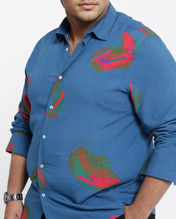 Rare Rabbit Men's Palme Blue Viscose Fabric Abstract Print Full Sleeves Shirt Plus Size