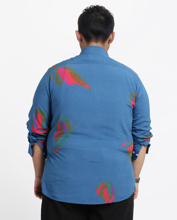 Rare Rabbit Men's Palme Blue Viscose Fabric Abstract Print Full Sleeves Shirt Plus Size