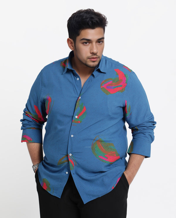Rare Rabbit Men's Palme Blue Viscose Fabric Abstract Print Full Sleeves Shirt Plus Size