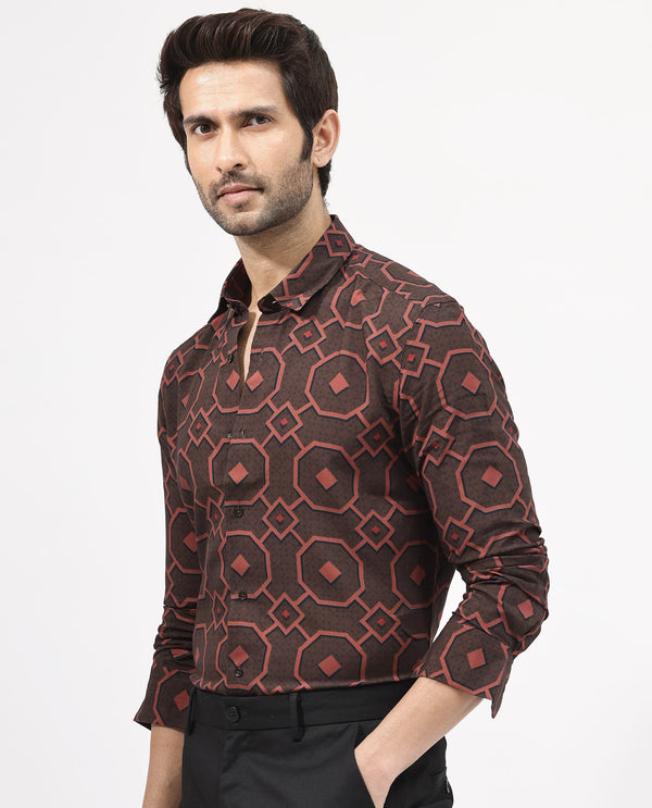 Rare Rabbit Mens Palmer Brown Full Sleeve Regular Collar Geometric Print Shirt