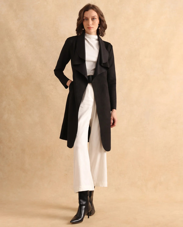 Rareism Women Palmer 2 Black Suede Full Sleeve Waterfall Neck Boxy Fit Midi Plain Jacket