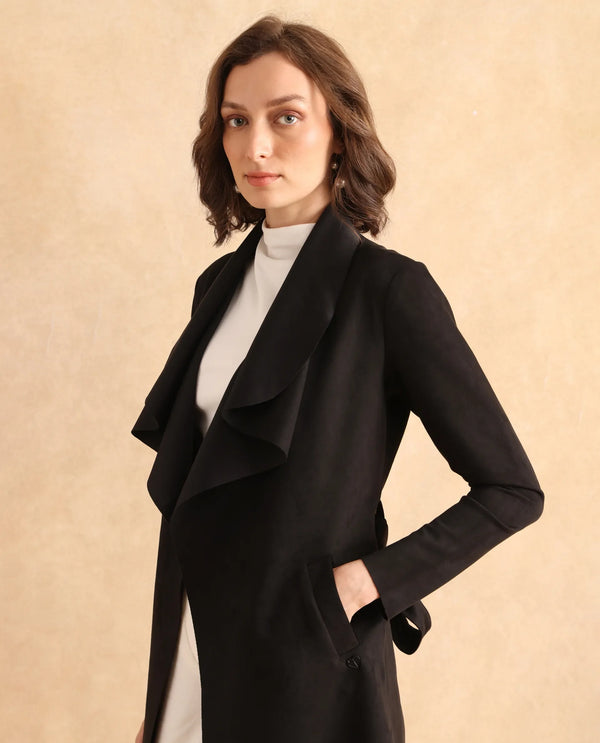 Rareism Women Palmer 2 Black Suede Full Sleeve Waterfall Neck Boxy Fit Midi Plain Jacket