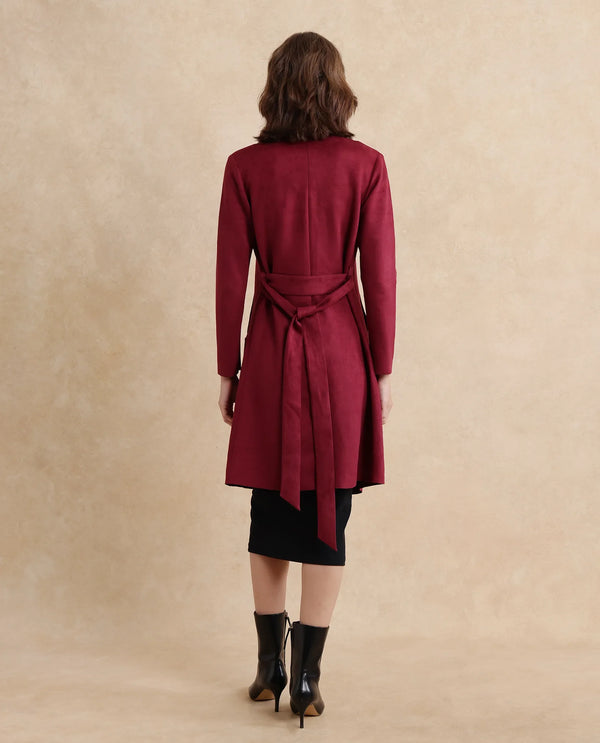 Rareism Women Palmer 2 Maroon Suede Full Sleeve Waterfall Neck Boxy Fit Midi Plain Jacket