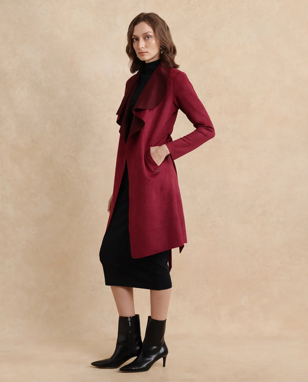 Rareism Women Palmer 2 Maroon Suede Full Sleeve Waterfall Neck Boxy Fit Midi Plain Jacket
