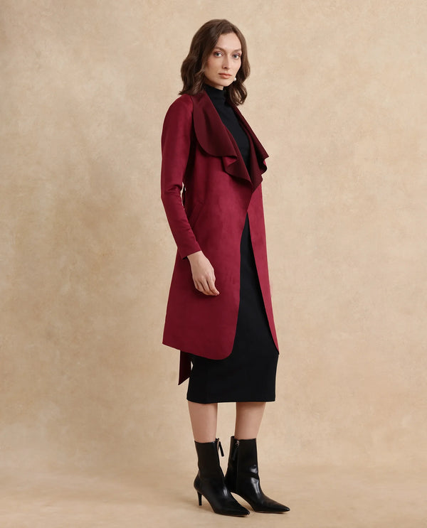 Rareism Women Palmer 2 Maroon Suede Full Sleeve Waterfall Neck Boxy Fit Midi Plain Jacket