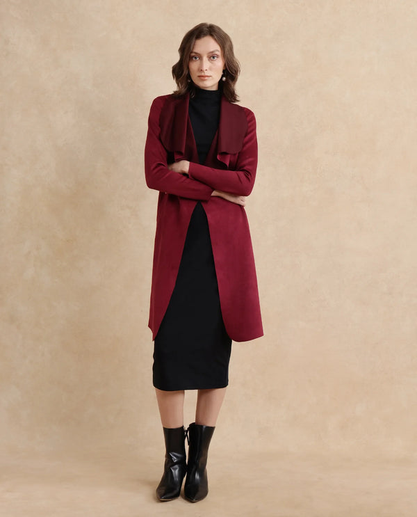 Rareism Women Palmer 2 Maroon Suede Full Sleeve Waterfall Neck Boxy Fit Midi Plain Jacket