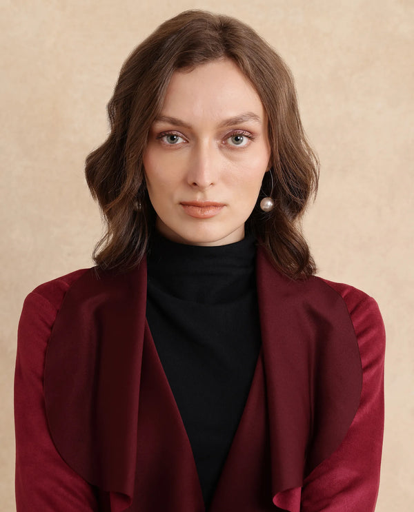 Rareism Women Palmer 2 Maroon Suede Full Sleeve Waterfall Neck Boxy Fit Midi Plain Jacket