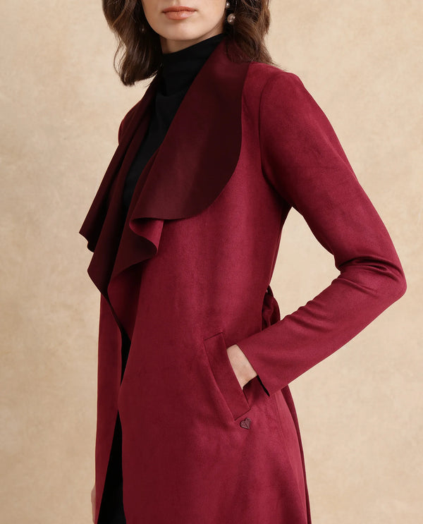 Rareism Women Palmer 2 Maroon Suede Full Sleeve Waterfall Neck Boxy Fit Midi Plain Jacket
