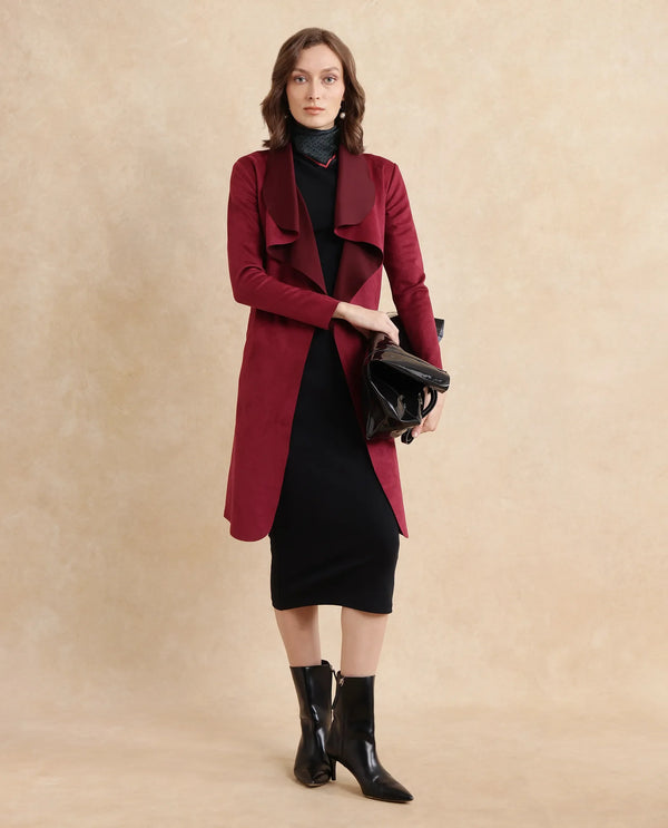 Rareism Women Palmer 2 Maroon Suede Full Sleeve Waterfall Neck Boxy Fit Midi Plain Jacket