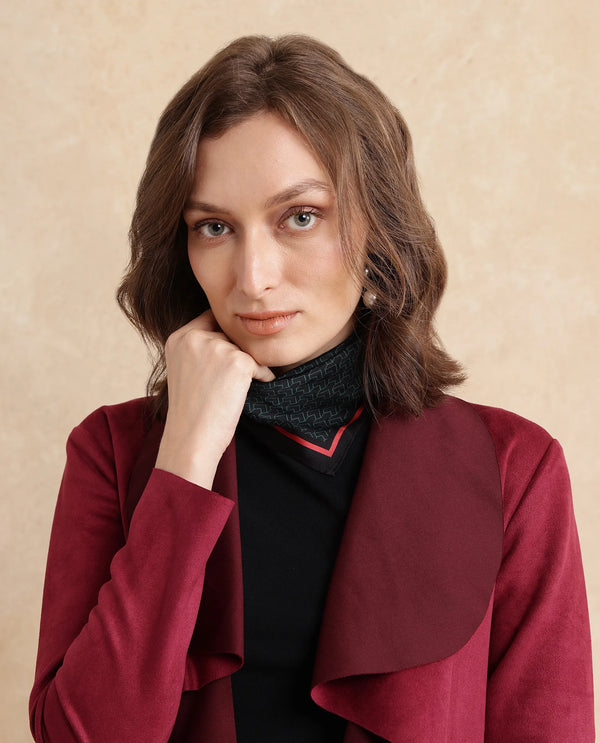 Rareism Women Palmer 2 Maroon Suede Full Sleeve Waterfall Neck Boxy Fit Midi Plain Jacket