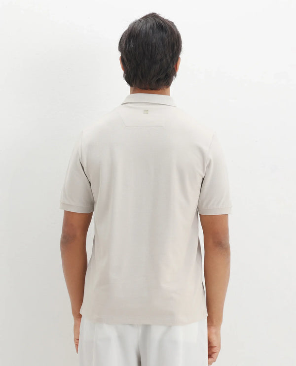 Rare Rabbit Men Palmer Beige Cotton Lycra Short Sleeve Snap Button and Zip Closure Plain With Chest Graphic Print Polo T-Shirt