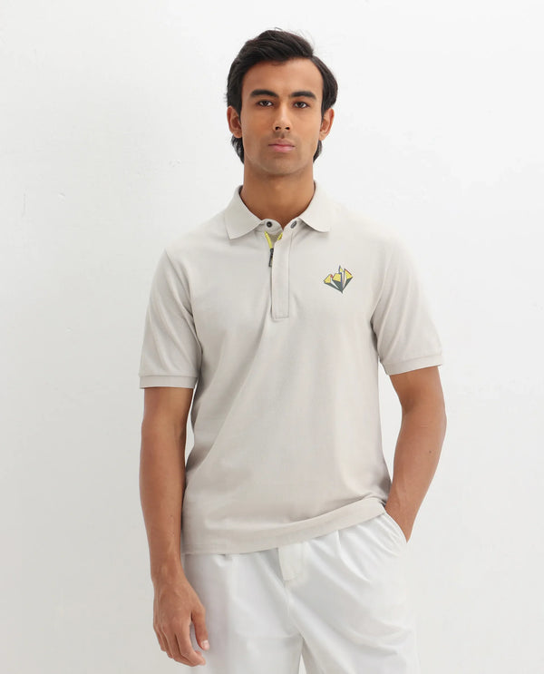 Rare Rabbit Men Palmer Beige Cotton Lycra Short Sleeve Snap Button and Zip Closure Plain With Chest Graphic Print Polo T-Shirt